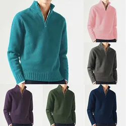 Male Casual Simple Bottom Sweater Solid Color Warm Wool Knit Half Zip Long Sleeve High Collar Sweater Mid Length Jackets for Men