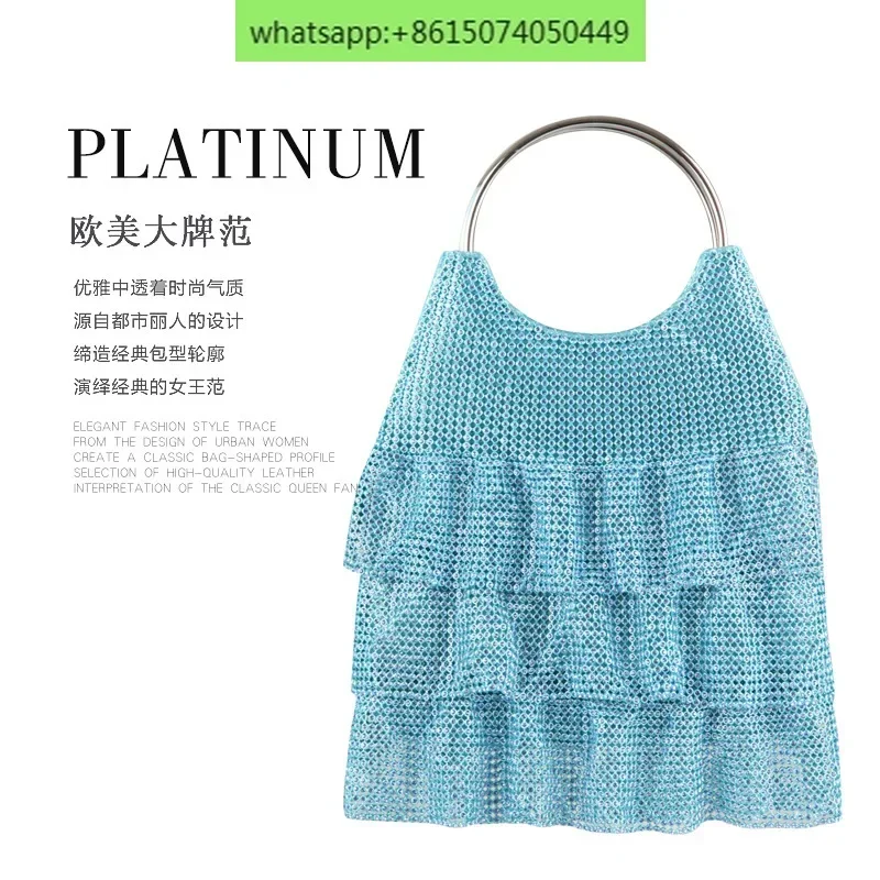 Bling pleated skirt rhinestone bag women's high-grade full rhinestone dinner bag niche metal ring handbag