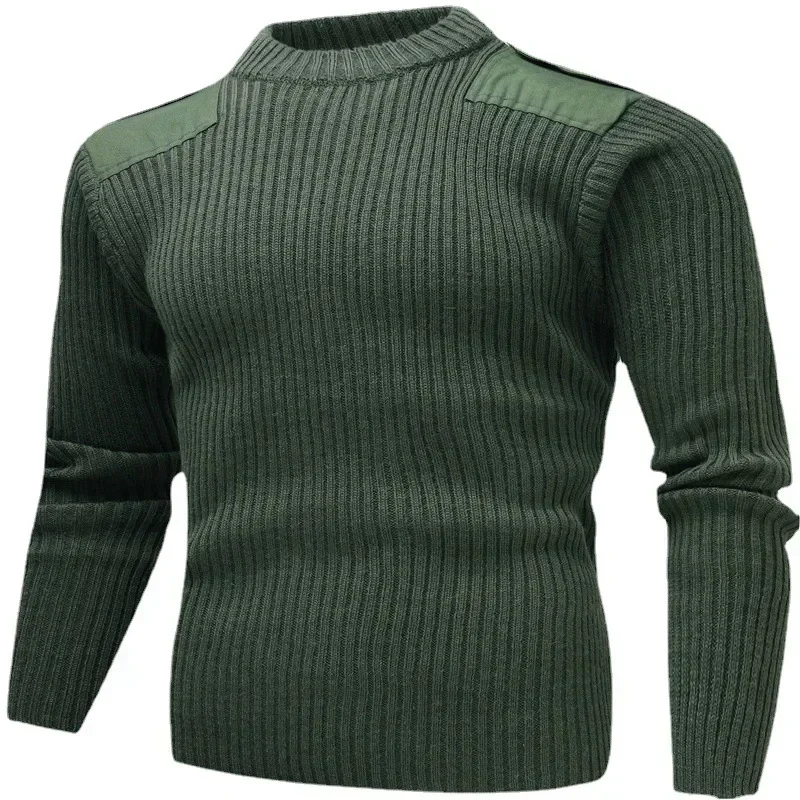 Tactical Sweater Men\'s Knitted Pullover Winter Wool Patch Retro Green Round Neck Knitted Cold Sweater Mens Clothes Mens Sweater