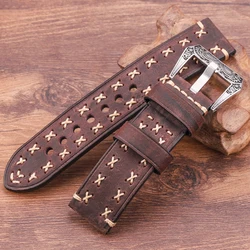 Handmade Watch Strap With Retro Stainless Steel Buckle 4 Colors 22mm 24mm Men Women Genuine Leather Watchcand Belt Bracelt