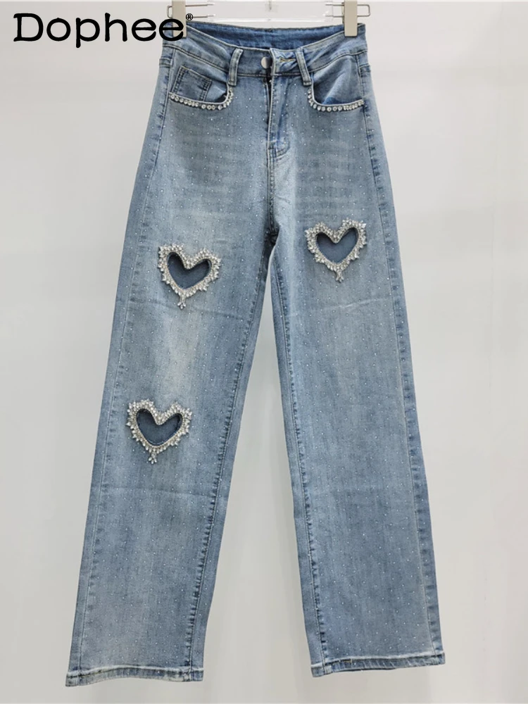 

High-End Heavy Industry Love Rhinestone Jeans Women Spring Autumn Hollow Wide-Leg Pants Straight Mopping Pants Baggy Jeans