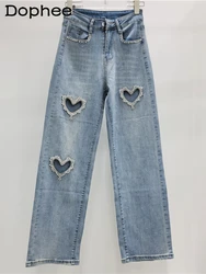 High-End Zware Industrie Liefde Strass Jeans Vrouwen Lente Herfst Holle Wijde Pijpen Broek Rechte Dweilbroek Baggy Jeans