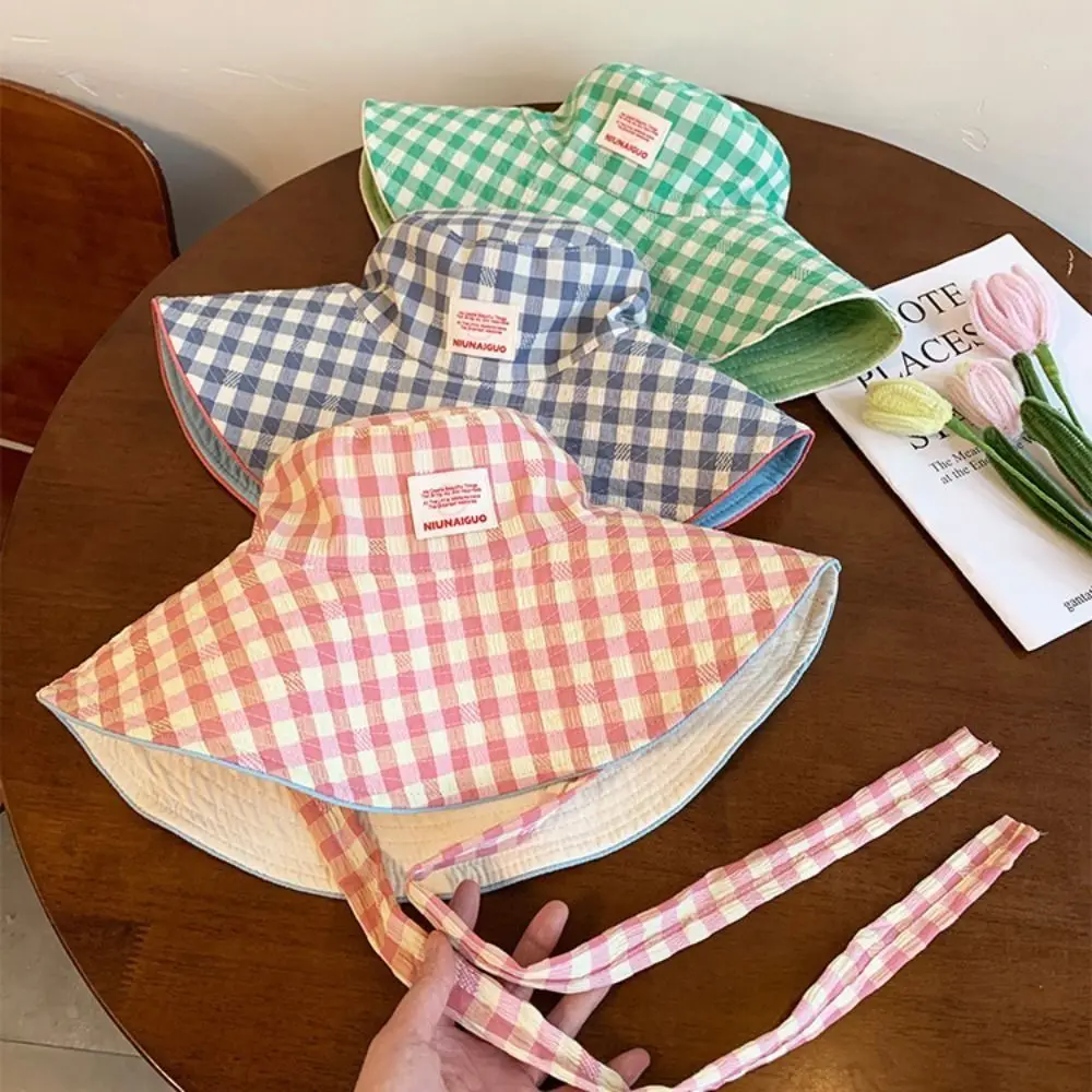 Fashion Summer Plaid Bucket Cap Tie Strap Wide Brim Sunscreen Hat Two-sided Sweet Fisherman Caps Travel