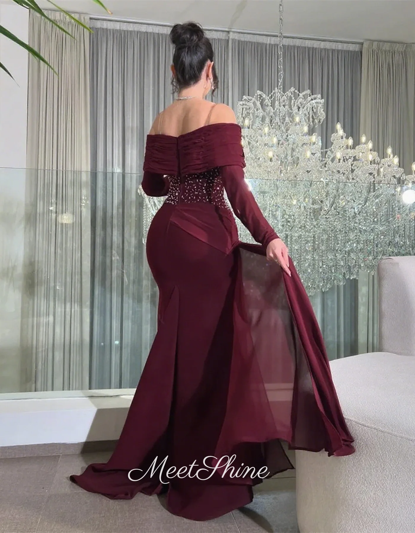 Vestido de noche elegante de gasa color Burdeos, sirena, de lujo, con hombros descubiertos, manga larga, cristal, Formal, vestido de fiesta de boda personalizado