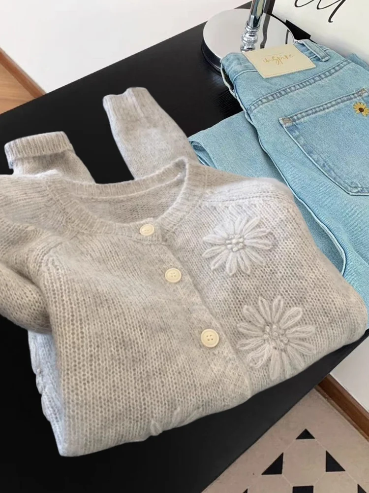 

Ele Sweet Knitted Open Cardigan Women's Long Sve Soft Fluffy 3D Flower Autumn Slimming Top Age Reducing Sweetn