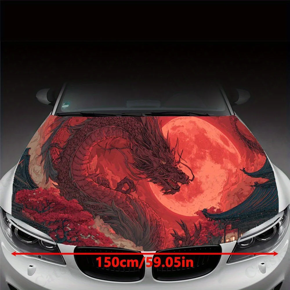 Red Dragon and Ancient Tower Car Vinyl Wrap, PVC Waterproof Car Hood Sticker, Self-Adhesive Scratch-Resistant Stickers for Engin