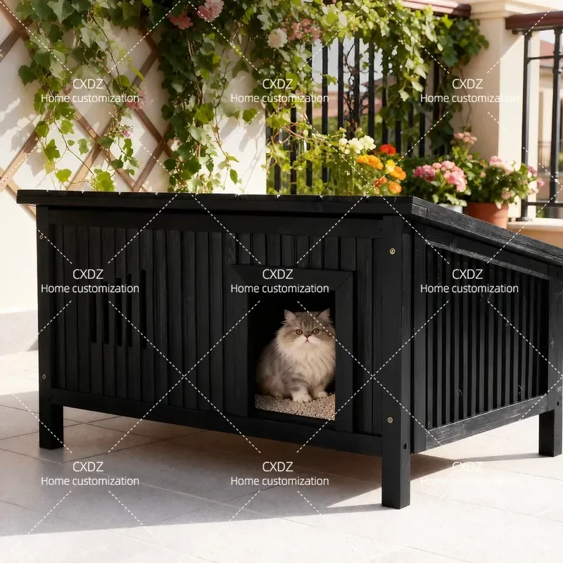 Winter Solid Wood Cat House Semi Enclosed Outdoor Pet Shelter Oversized Wooden Cat Villa Warm Weatherproof Kennel for Cats