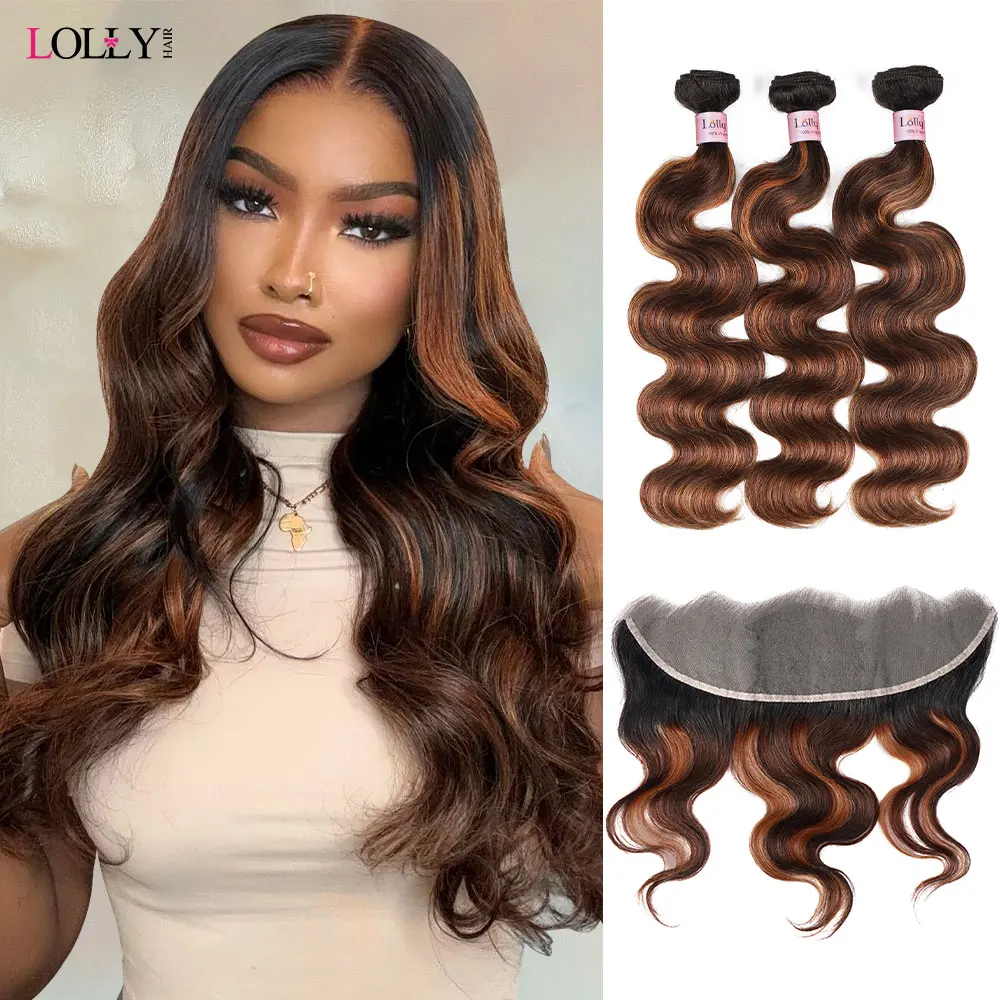 

FB 30 Brown Highlight Bundles With Frontal Ombred Body Wave Bundles With Closure 1b 4/30 Colored Human Hair Bundles With Frontal