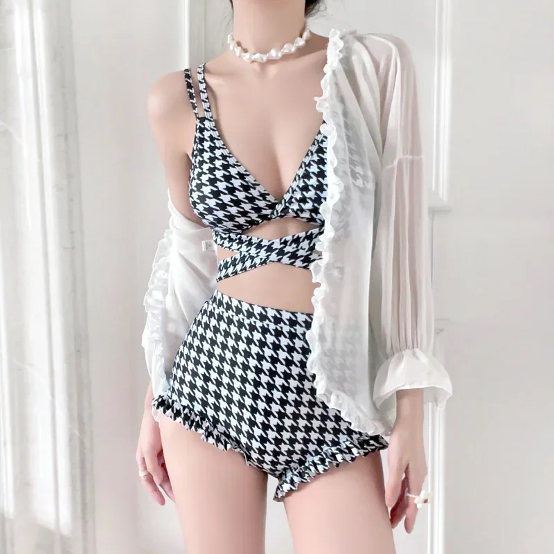 Tiktok Trendy Swimsuit Women's Hot Spring Split Thousand-bird Bikini Strap Sexy Pure Sexy Low Waist Two-piece Set  Bikini Set