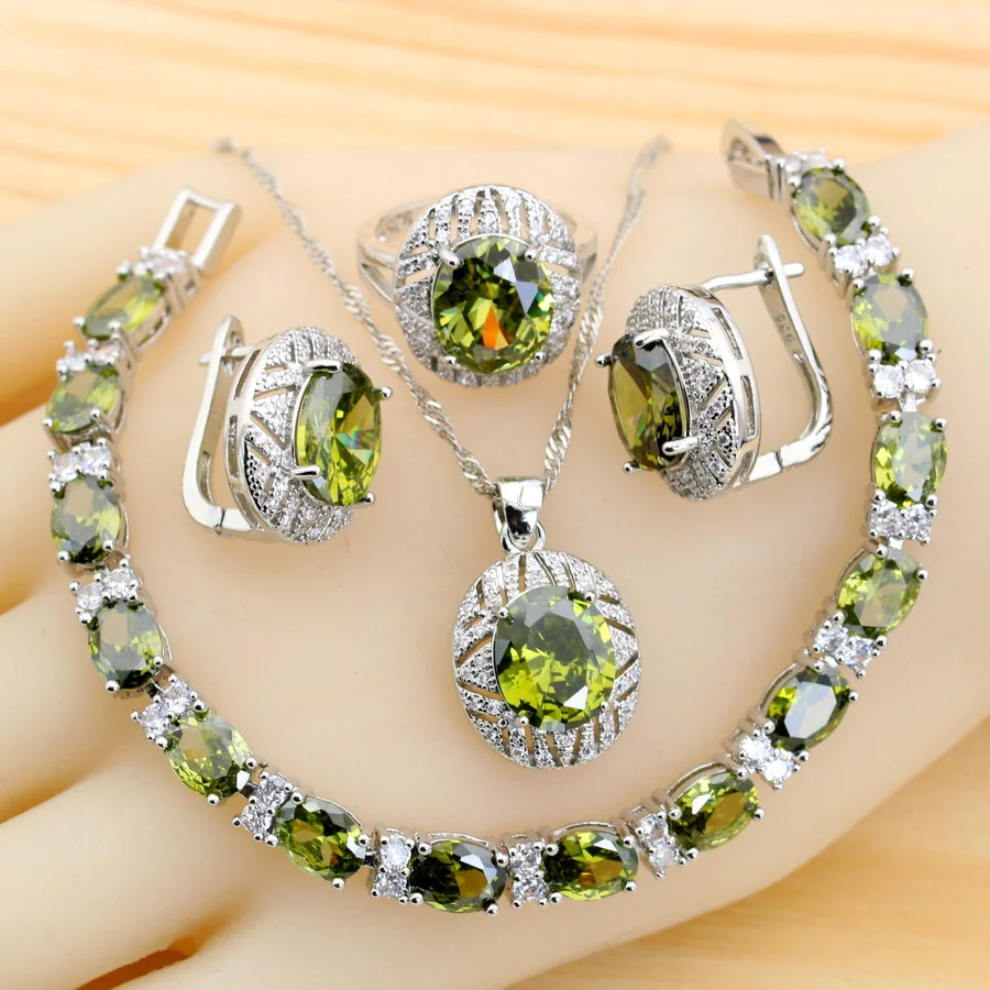 

luxury Olive Green Zirconia 925 Silver Jewelry Sets for Women Wedding Earrings Necklace Ring Bracelet Wedding Gift