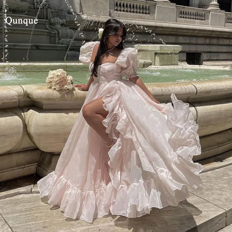 Qjall Eleganckie sukienki na studniówkę z organzy z rozcięciem na nogach i rękawami z kapturkiem Długie suknie na formalne przyjęcie dla panny młodej Wieczór Vestidos De Fiesta