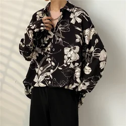 Camisa Negra de manga larga para hombre, camisa de vestir de la sociedad de la moda coreana, holgada e informal con estampado de flores, M-3XL