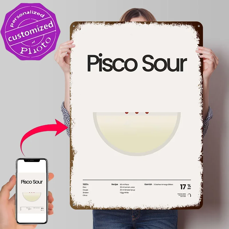 Póster de Cóctel Pisco Sour, Letreros Metálicos Retro Impresos en 3D, Decoración Personalizada para Colgar en la Pared, Regalo para Sala de Juegos, Decoración para el Hogar, Cueva del Hombre
