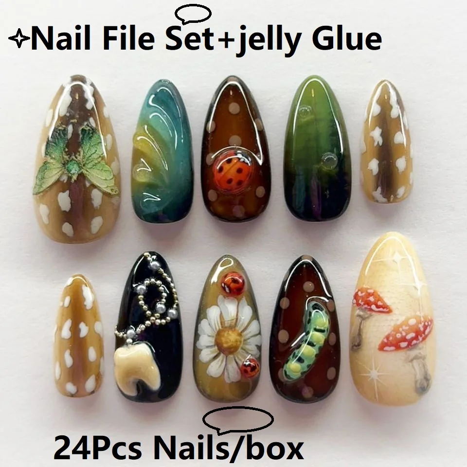 

24PCS Colorful Almond Press on Nails Cute Cartoon Fruit Y2k Stars Patterns Fake Nails Spice Girls Wearable Charming False Nails