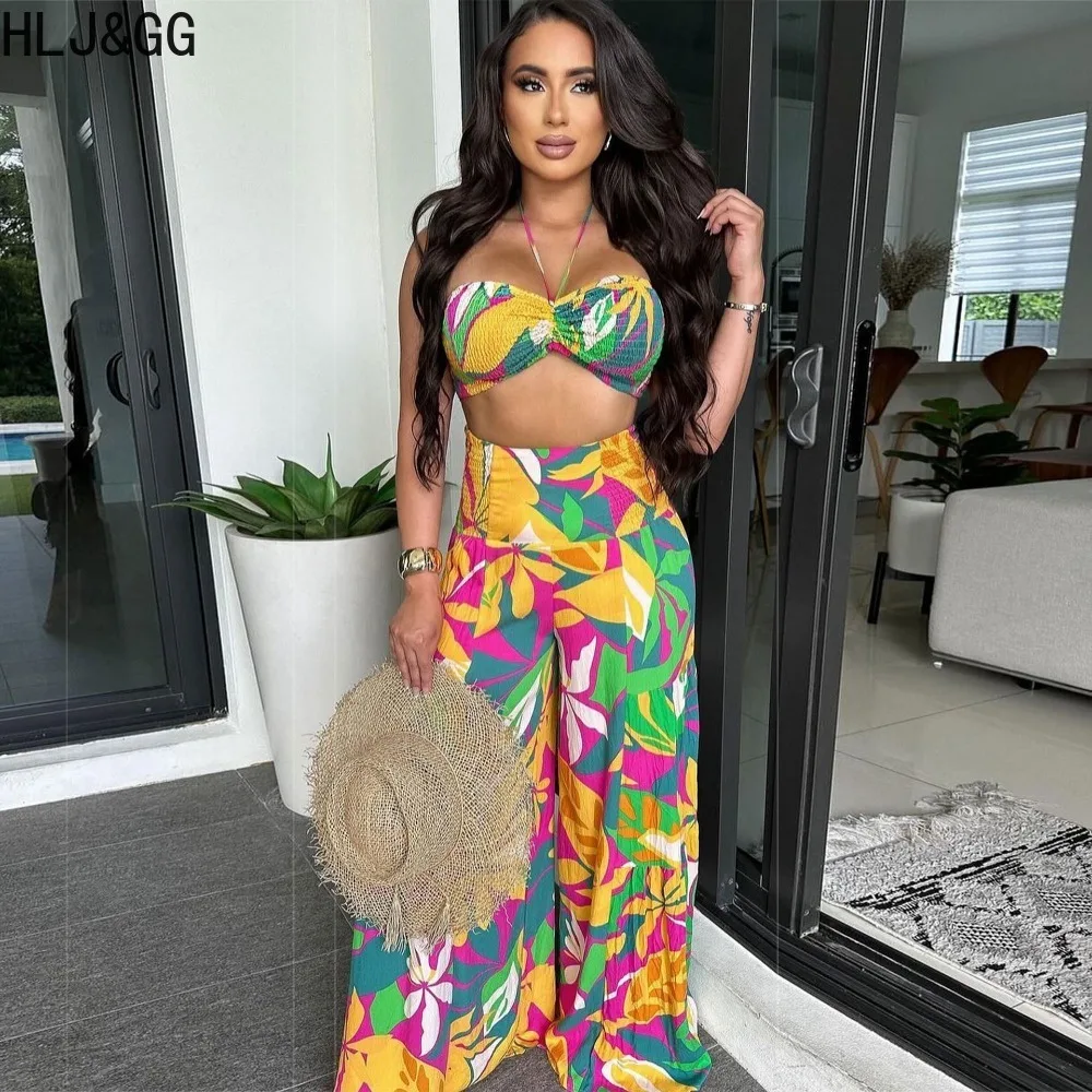 HLJ&GG Retro Pattern Printing Sexy Bandage Hollow Wide Leg Pants Two Piece Sets Women Halter Backless Crop Top And Pants Outfits