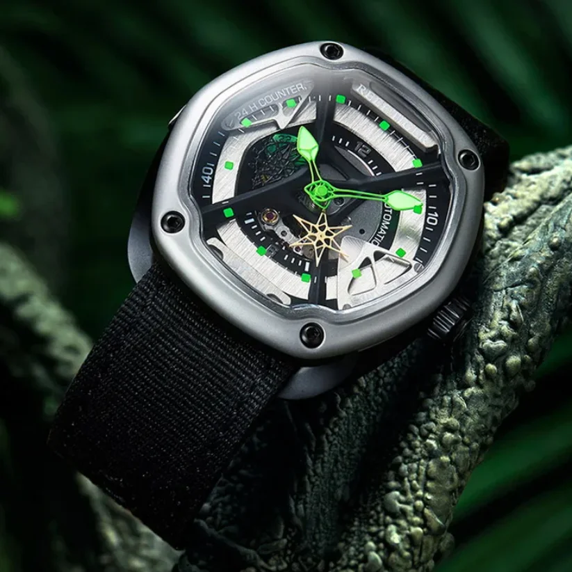 

Мужские автоматические часы Reef Tiger, модные механические наручные часы Tonneau, 48 мм, водонепроницаемые, 50 м, с сапфировым стеклом, светящимся циферблатом-скелетоном