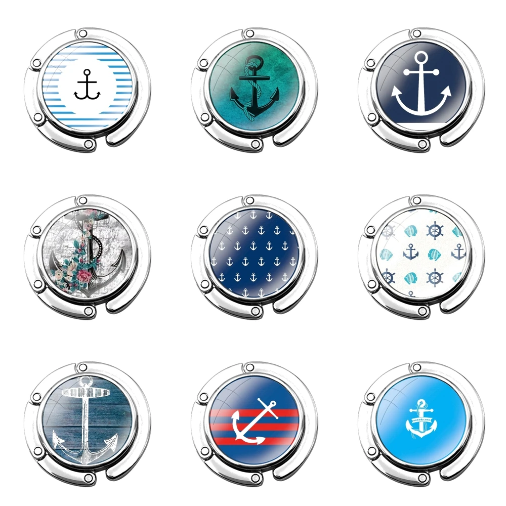 Ancla barco azul corazón raya plegable bolso gancho para mesa de mujer bolso almacenamiento plegable decoración mesa gancho