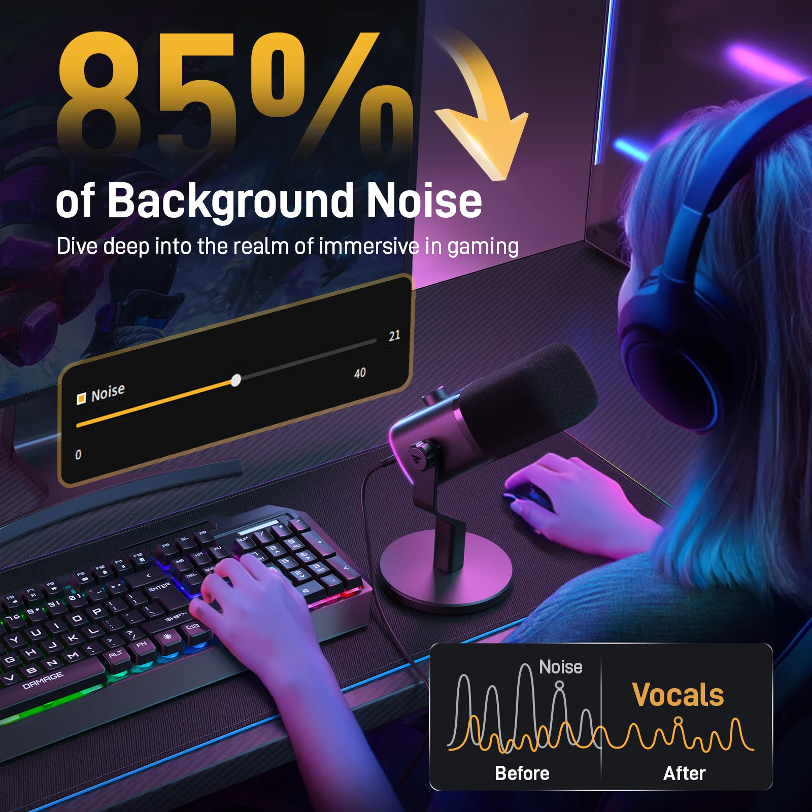 ميكروفون ديناميكي MAONO PD100X. يتضمن برنامج تقليل الضوضاء. ميكروفون ألعاب RGB. يعزز تجربة الألعاب. مثالي للتسجيل