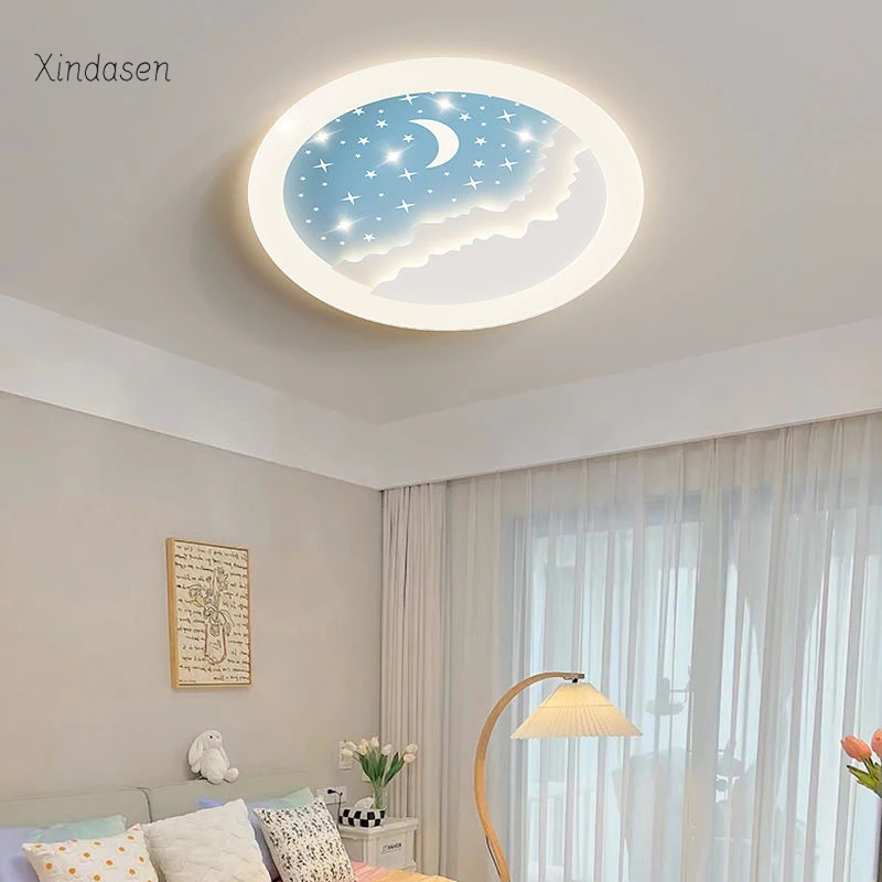 Princess Room Decor Blue White Star Moon Ceiling Lamp For Bedroom Child Baby Girl Kids Chandelier Round Led Ceiling Light Remote