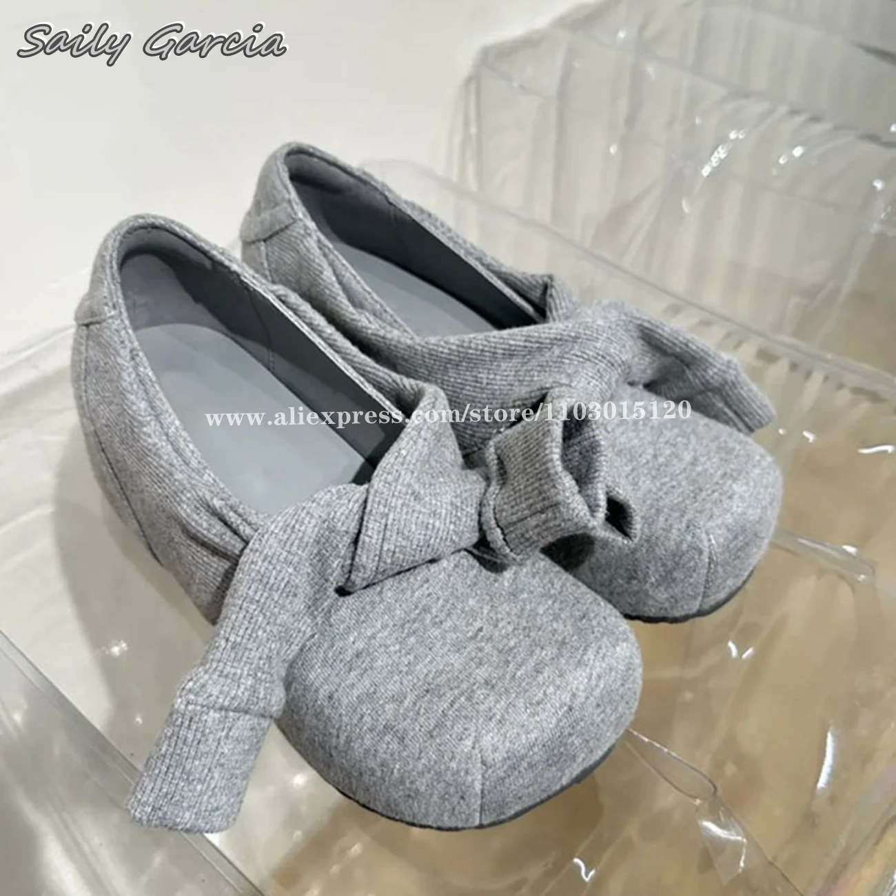 

Grey Mary Jane Butterfly Knot Elastic Band Shallow Flats 2024 New Fashion Casual Ballet Flats Round Toe Internal Increase Shoes