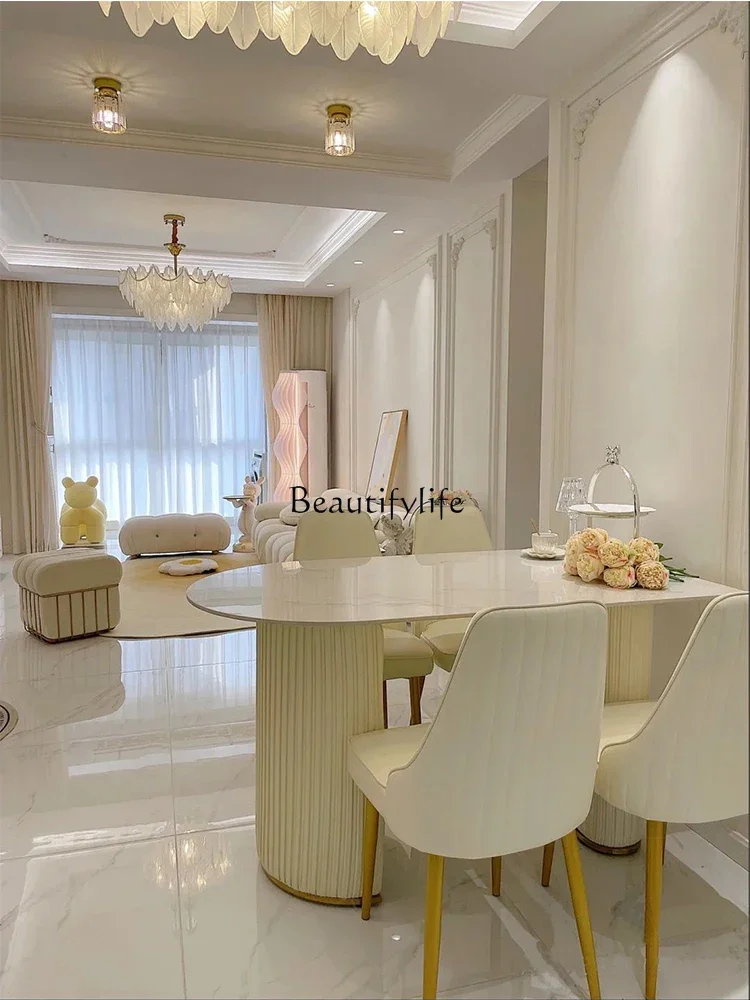 French Entry Lux Style Bright Stone Plate Dining Tables and Chairs Set Oval Simple Modern White Table