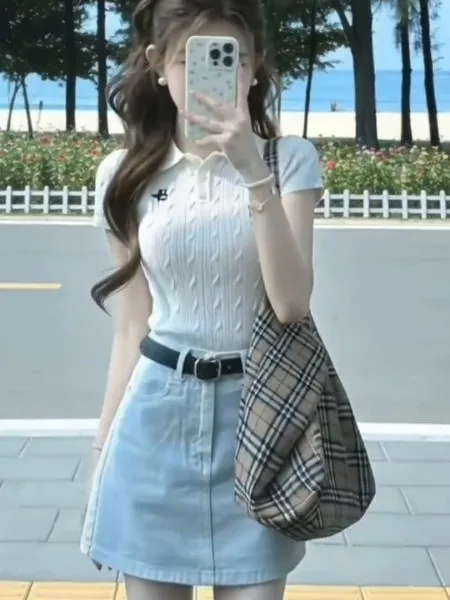 

Korean College Sle Ne ort Sve Knitted Sweater Women's Spring Summer New Design Slim Fit Ele ort Top