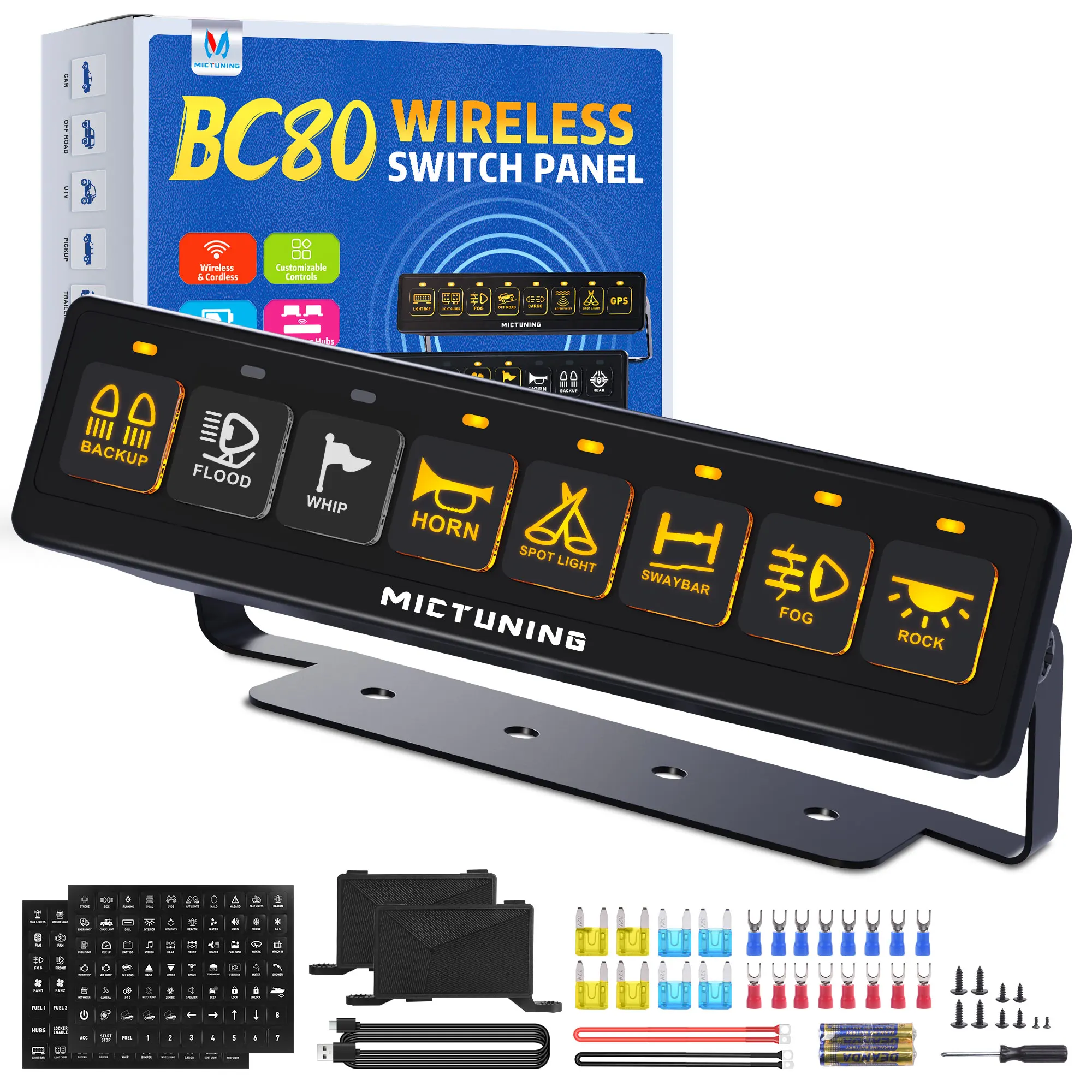 

MICTUNING BC80 8-Gang Wireless Switch Panel,Dual Power Hubs,Auxiliary ON-OFF Relays Circuit Box, 4 Control Modes 12V 24V For Car