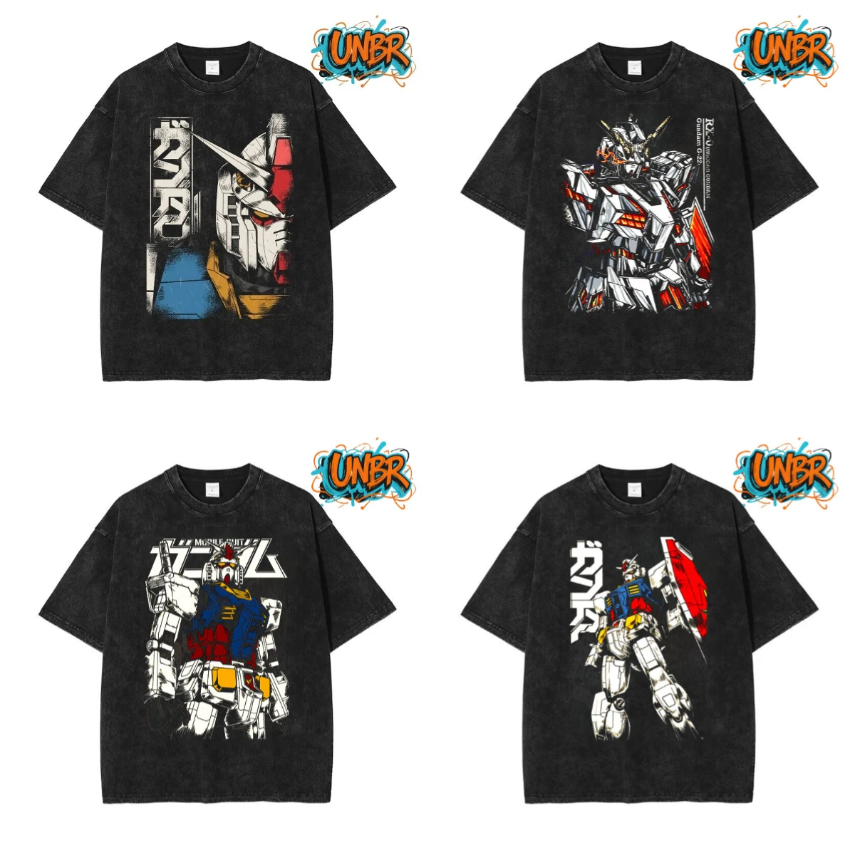 

Japanese Anime Gundam Warrior Washed T-Shirt Men Fashion Trend Street Short Sleeve Women High Quality Summer Crew Neck Top