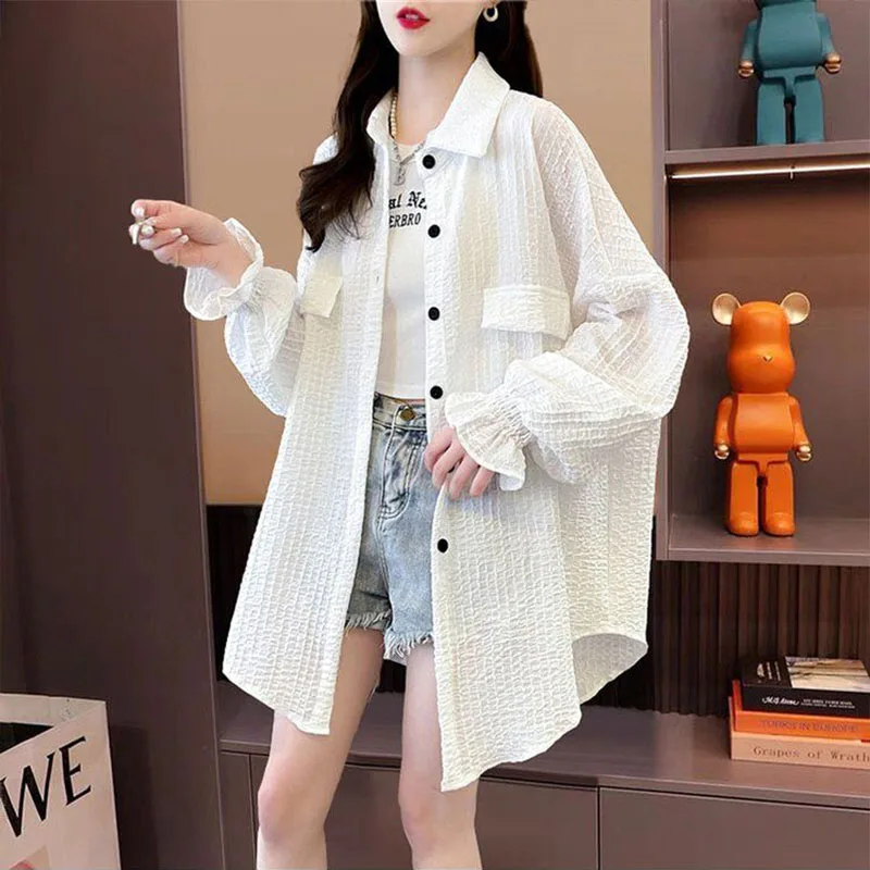 قميص نسائي كوري فضفاض، ملابس للحماية من الشمس، بلوزة صوفية طويلة، ملابس خارجية رفيعة للحماية من الأشعة فوق البنفسجية، مقاس كبير، صيفي