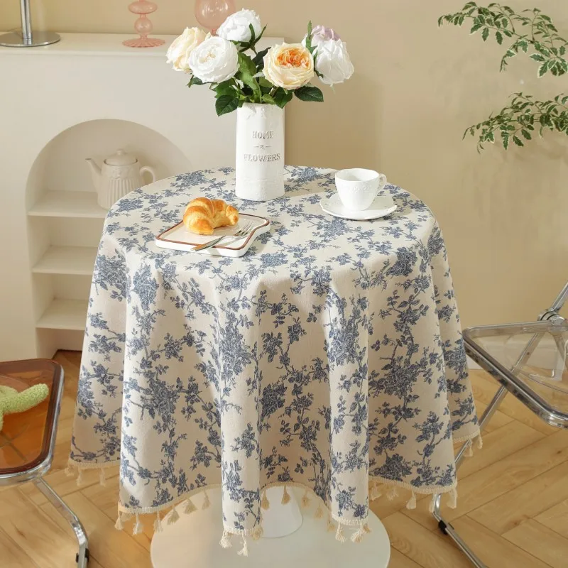 Retro Quality Dining Tablecloth Round Cotton Linen Blue Print Table Cloth Tassels Home Kitchen Banquet Table Cover 1pc