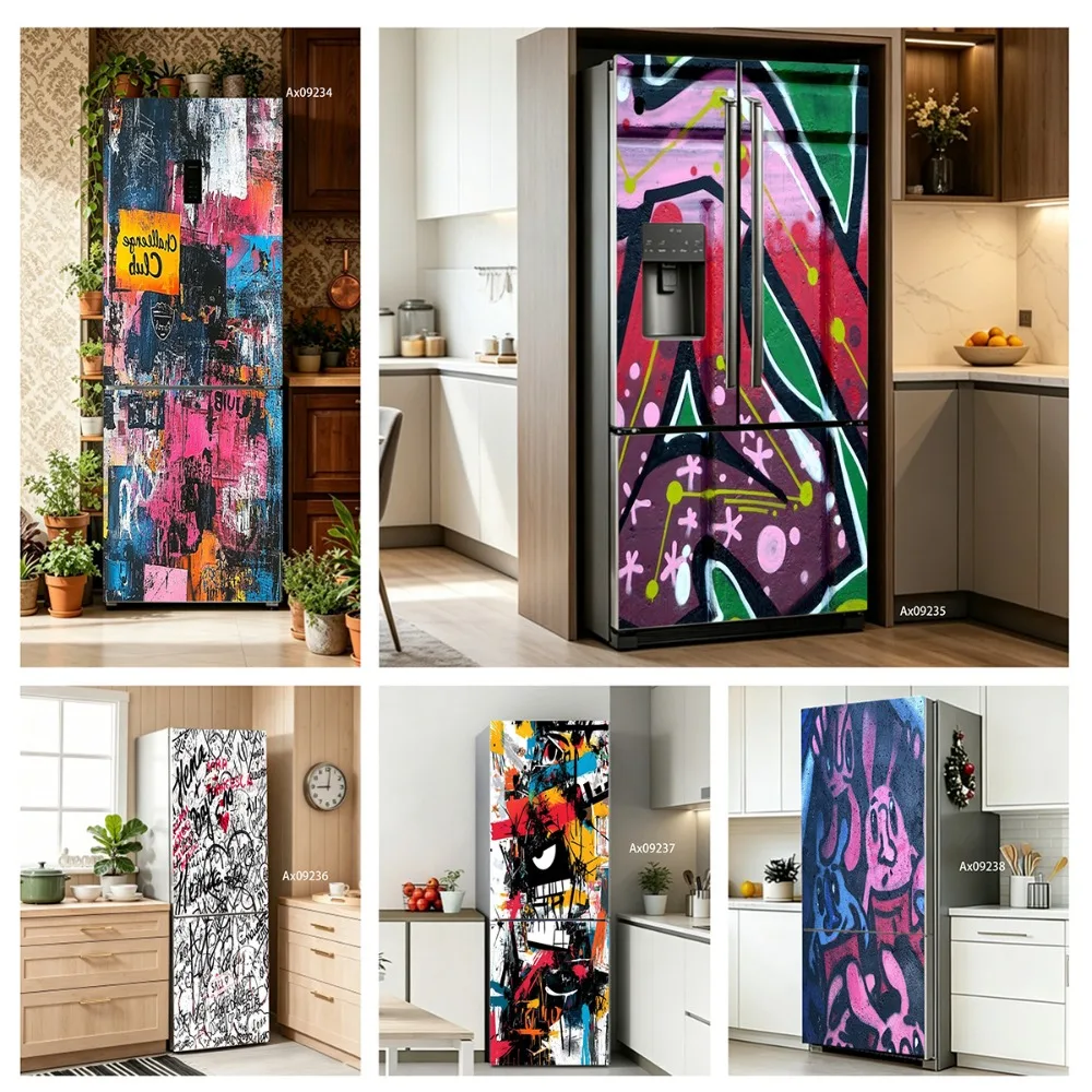 Street Collage Graffiti Art Fridge Door Sticker Full Door Covered Wallpaper Self-adhesive Sticker for Wall Decals Home Decor