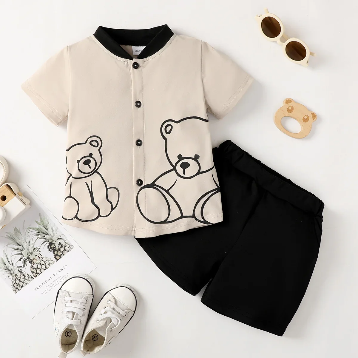 2PCS Child Boy Clothes Set Bear Print Button Style Short Sleeve Top+Shorts Fashiona Birthday Party Outfit For Kid Boy 1-6 Years