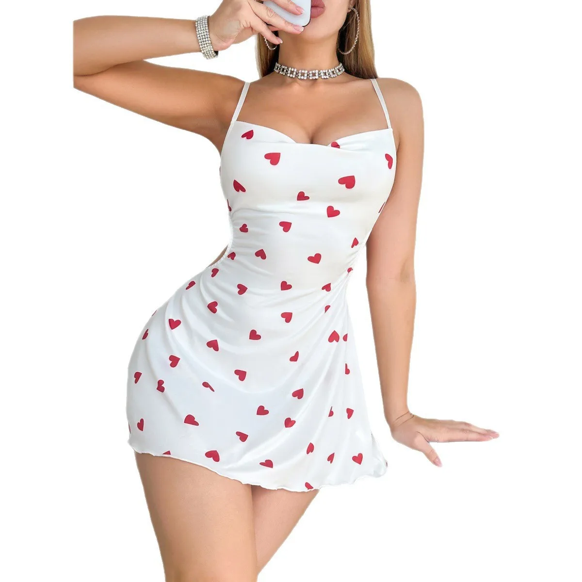

Women's summer pajamas sexy camisole nightdress sexy backless ice silk satin pajamas women's heart wave collar D3BR