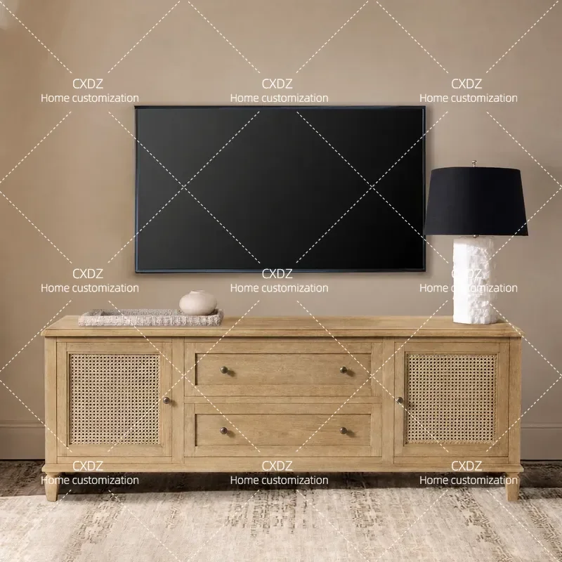 Retro Solid Wood Rattan TV Cabinet Wall Mounted Integrated Storage Unit for Living Room High End Decorative Console