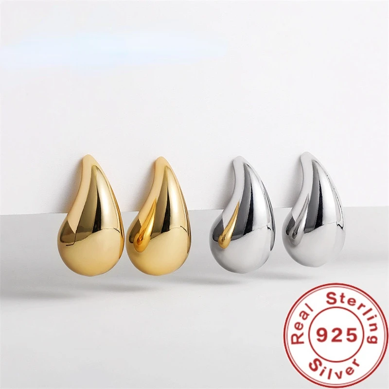 

925 Sterling Silver 18K Gold Plated Chunky Dome Water Drop Earring for Women Vintage Glossy Thick Teardrop Hoop Earrings Jewelry