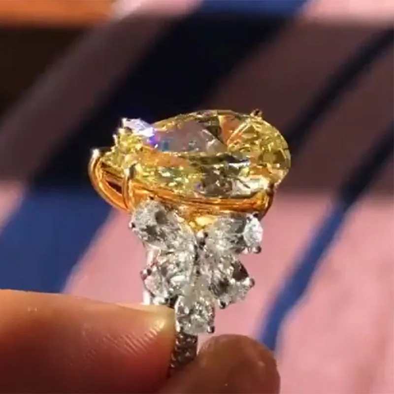 Elegant Yellow Water Drop Shaped Crystal Rhinestone Zircon Ladies Ring for Women Party Wedding Engagement Jewelry Size 6-10