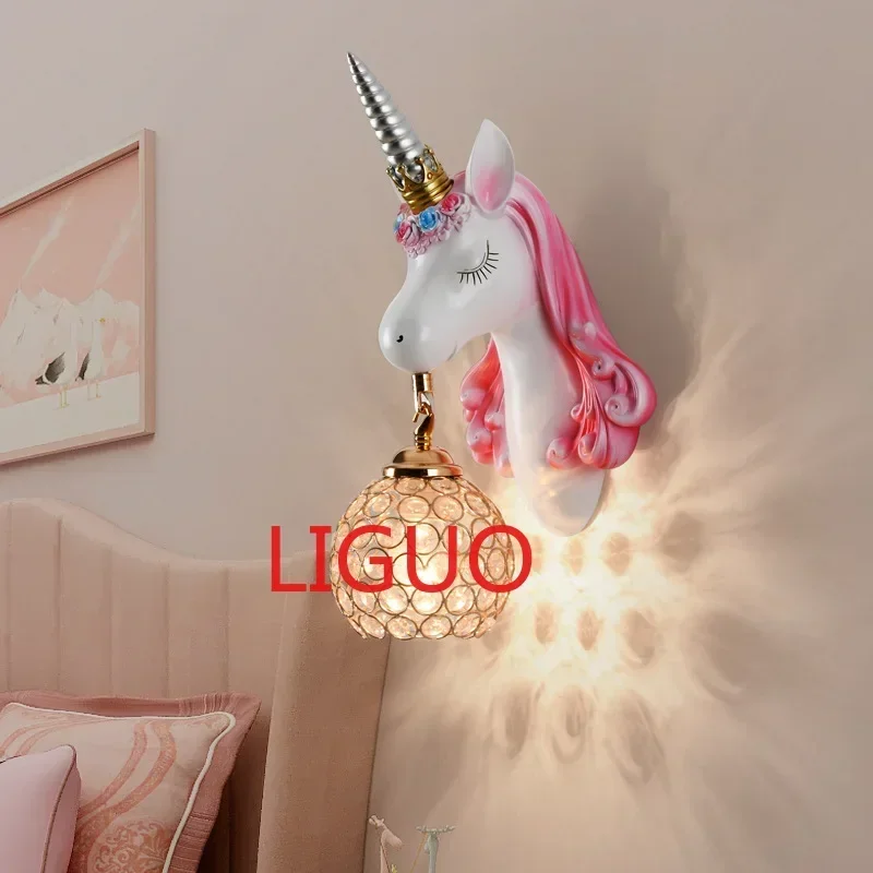 Nordic Unicorn Lamp Resin Wall Lamp Crystal Bracket Sconce for Children Home Interior Lighting Girl Bedroom Bedside Living Room