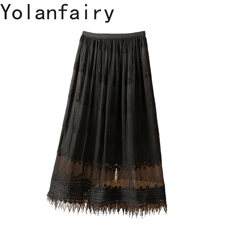 YOLANFAIRY 100% Real Mulberry Silk Skirts for Woman Summer High Quality Long Skirt Elastic Waist Embroidery Black Skirt Elegant