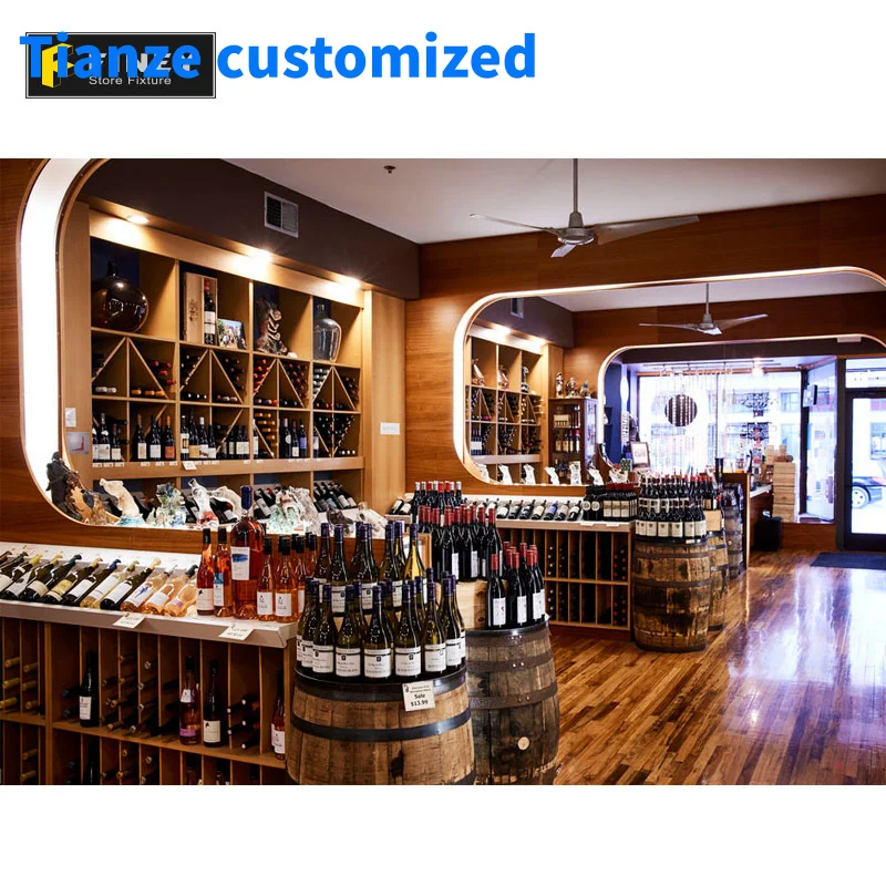 （customized）Factory Price Customized  Wooden Wine Display Showcase Stand Liquor Display Racks