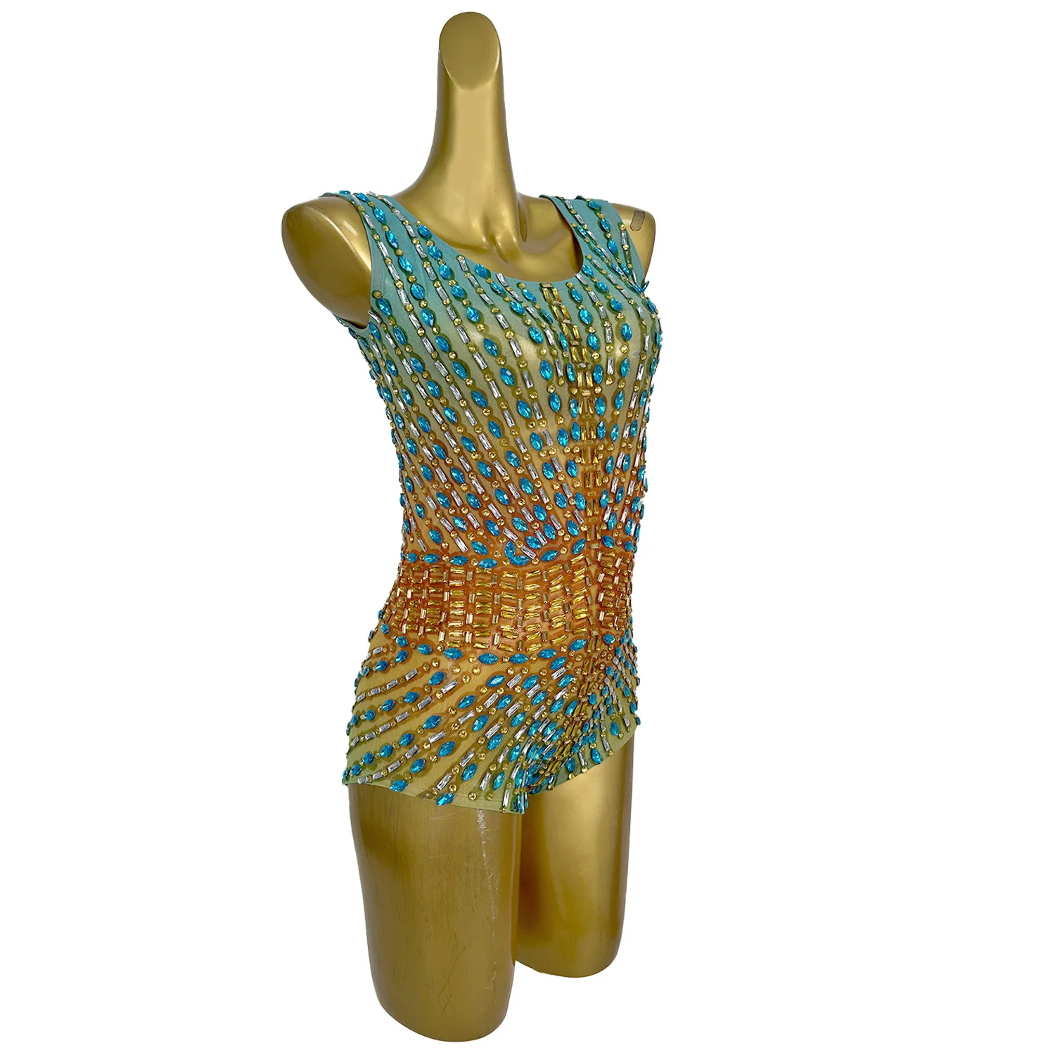 Sitiao Tuta colorata con strass da donna Vedi attraverso pantaloncini attillati in rete Pole Dance Acrobazie Costume Beach Pool Party Costume