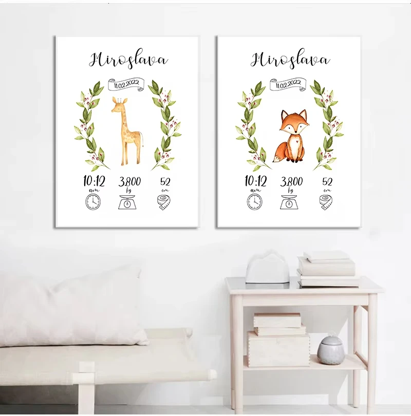 Personalized Custom Baby Birth Name Poster Baby Shower Gifts Cartoon Animal Wall Art Canvas Painting New-born Kids Room Decor