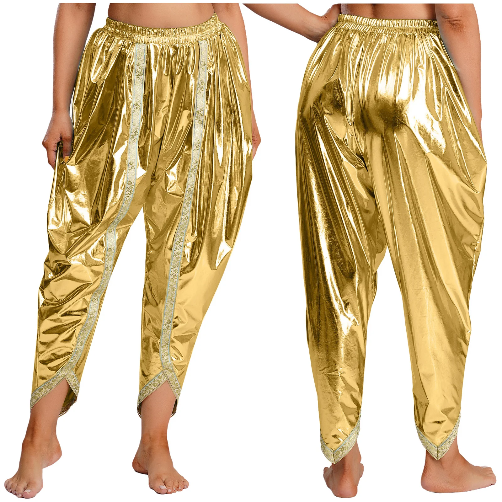 

Women Indian Dhoti Belly Dance Costumes Metallic Arab Baggy Pants Harem Palazzo Bloomers Halloween Carnival Cosplay Trousers