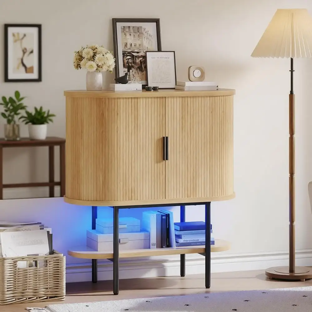 

LED-Illuminated Sideboard with Sliding Door Storage, Wine Rack & Glass Holders for Home Coffee/Bar in Natural Oak