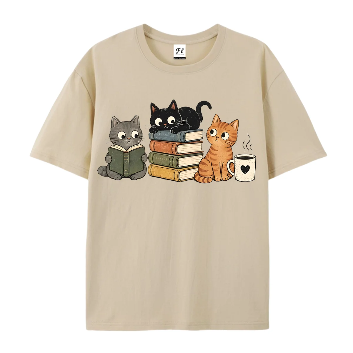 Women Oversized Round Neck T Shirt Cute Reading Cat Book Coffee Cup Graphic Short Sleeve Casual Animal Art Print Loose Tee Tops