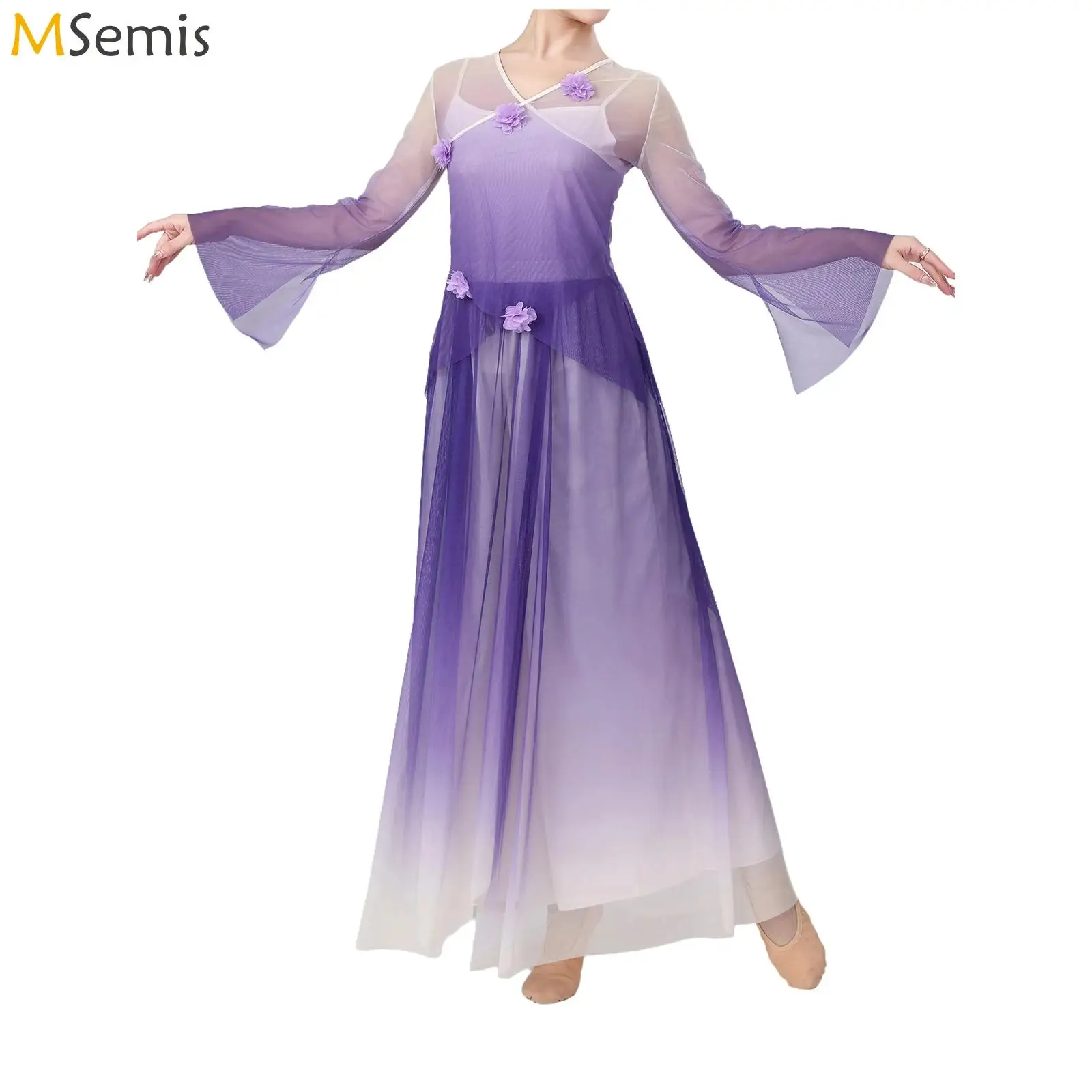 

Womens Oriental Classical Ancient Chinese Folk Dance Costume Flared Sleeve Top with Camisole And Loose Culottes Dancewear