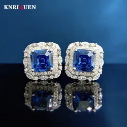 Retro 100% 925 Real Silver 7*7MM Sapphire Stud Earrings for Women Gemstone Wedding Party Fine Jewelry Birthday Gift Accessories