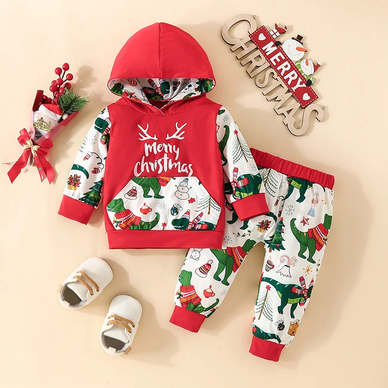 

Baby Boys Pants Set Long Sleeve Dinosaur Deer Print Hoodie with Elastic Waist Sweatpants Christmas Clothes