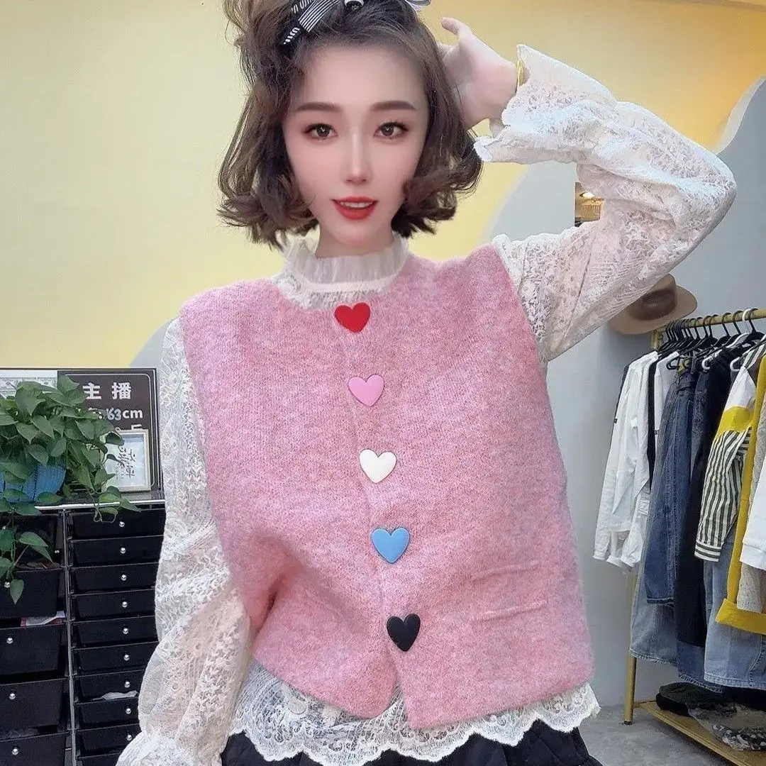 

Sweet Students Girls Peach Heart Button Forest Women's Fashion Round Neck Colorful Love Button Knitted O-neck Sweater Cardigan