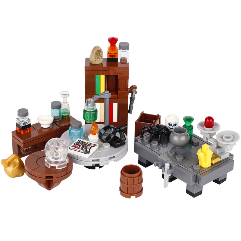 MOC Medieval Alchemy Room Building Blocks Potion Refine Workbench Witches Workroom Furniture Jar Bricks Toys Kids Gift