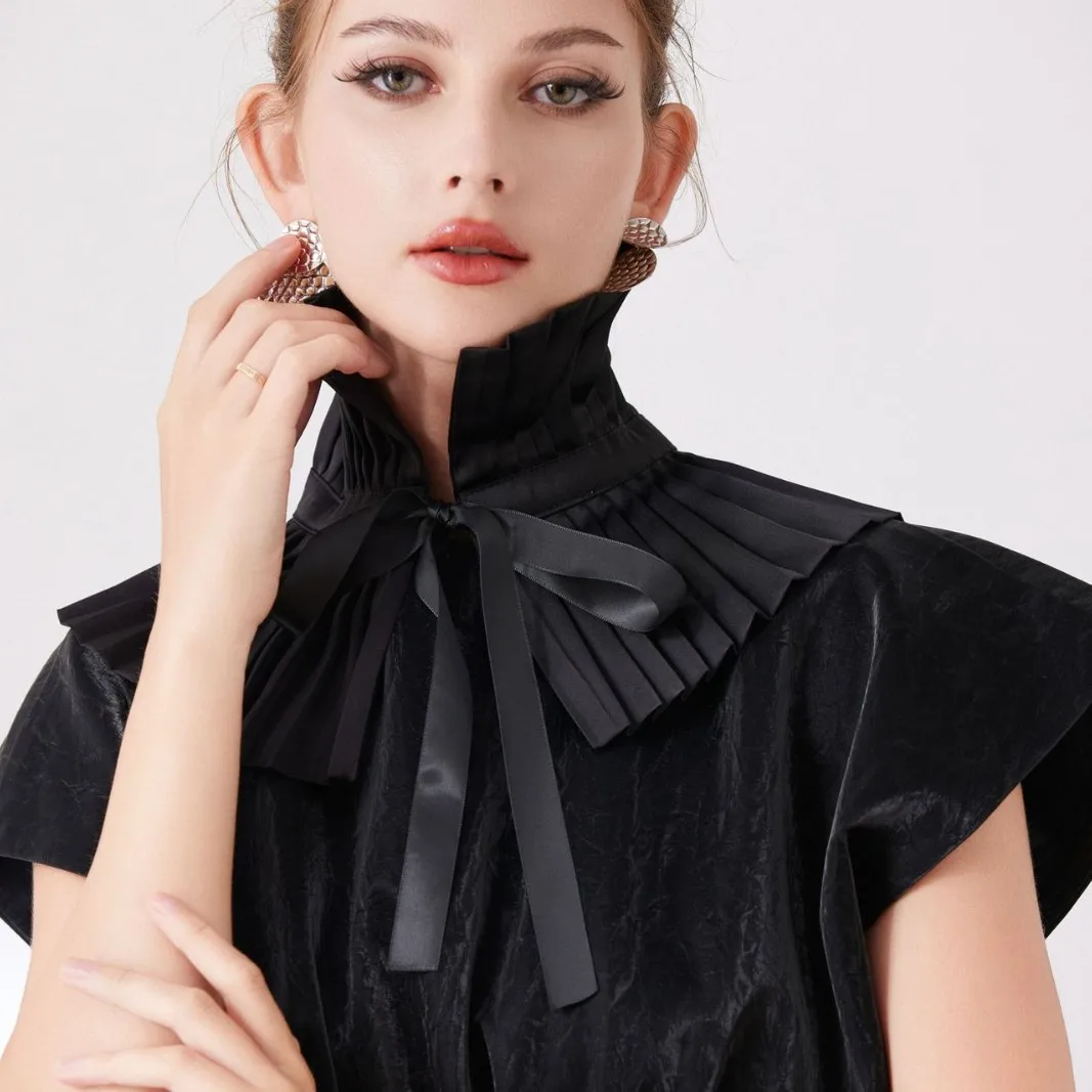 Black Shawl False Collar Solid Color Ruffle Neck Cover Tie Pleated Collar Cuffs Set For Parties Costume Accessory